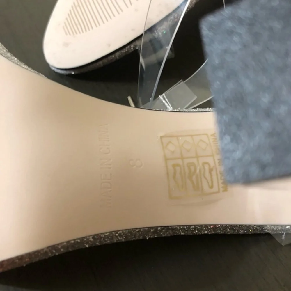 PrettyLittleThing Heels Clear Block Silver Metallic Chunky Sandals Trendy Sexy